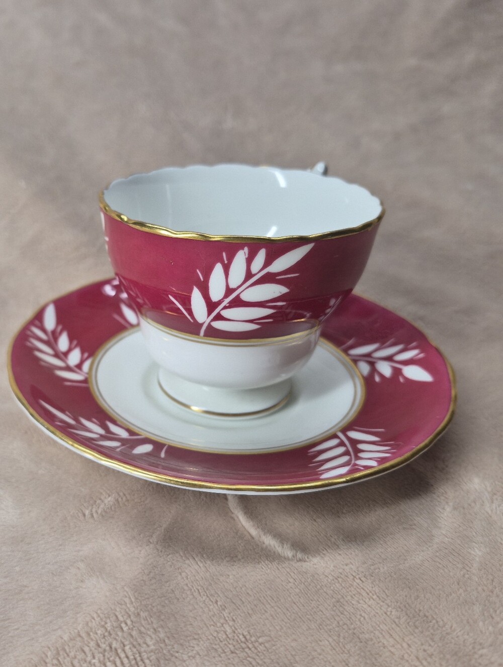 Cauldon  Est.1774 Hand Painted Tea Cup & Saucer Glaze With White Leaf Burgundy